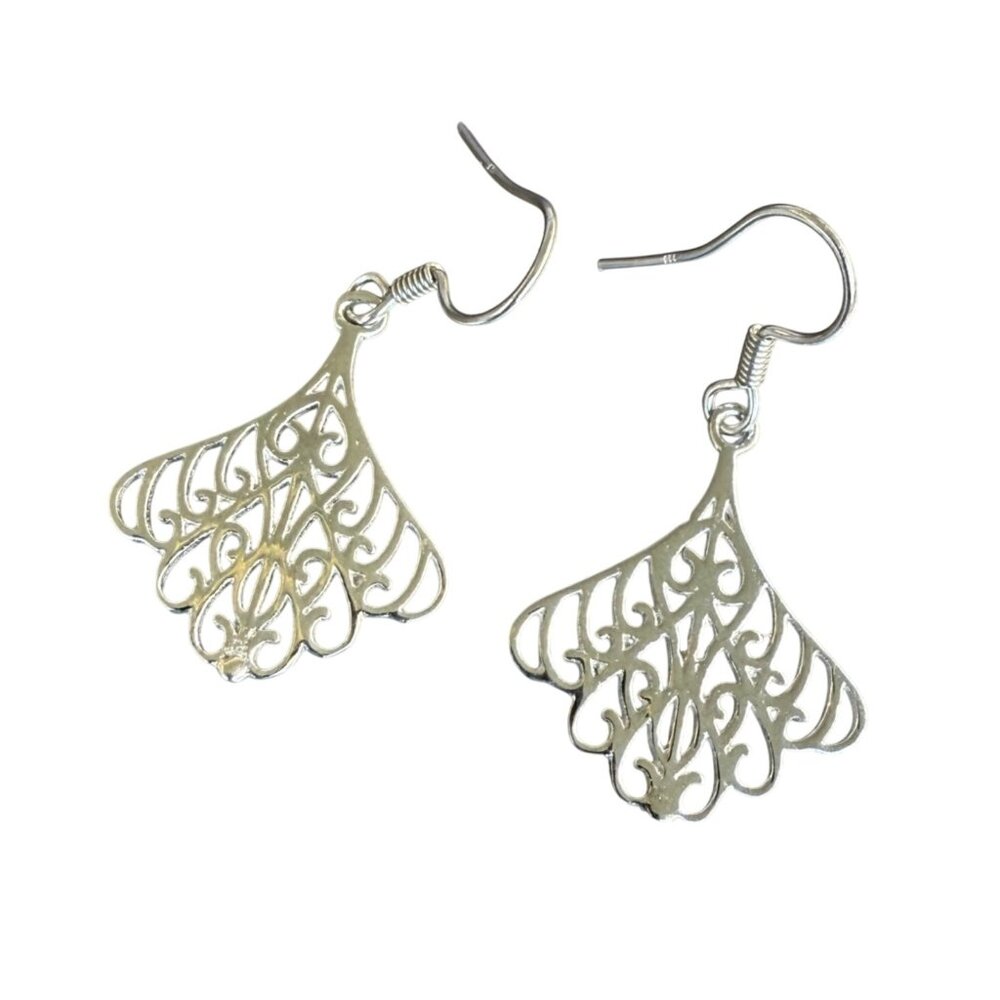 Sterling Silver Filigree Fan-Shaped Earrings With Hook Backs For Women